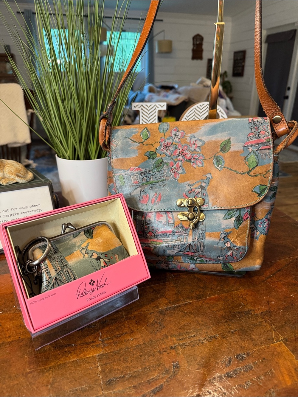 Patricia Nash Tan and Blue “Beautiful Girl”Crossbody Bag & Kiss lock Coin Purse